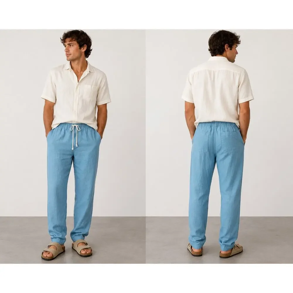 Alex Crane Bo Drawstring Linen Pants Blue — Size Medium
